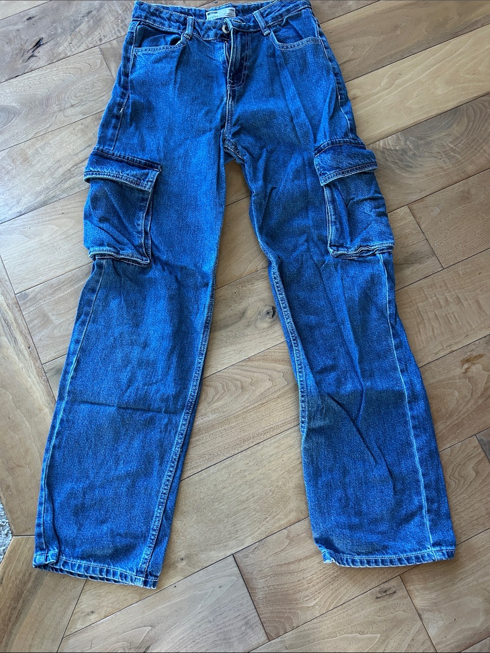 Women’s Blue Denim Cargo Jeans, Size 4